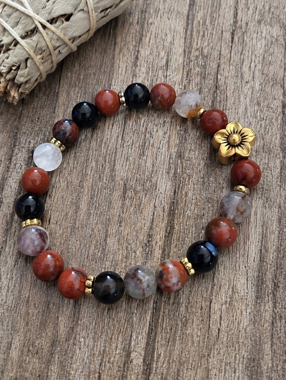 Red Jasper &Gold Red Rutilated Quartz Beaded Stretch Bracelet | Handmade